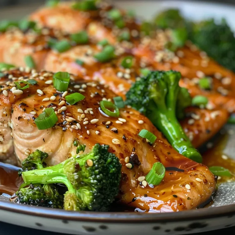 Close-up of juicy Teriyaki salmon fillet garnished with broccoli.