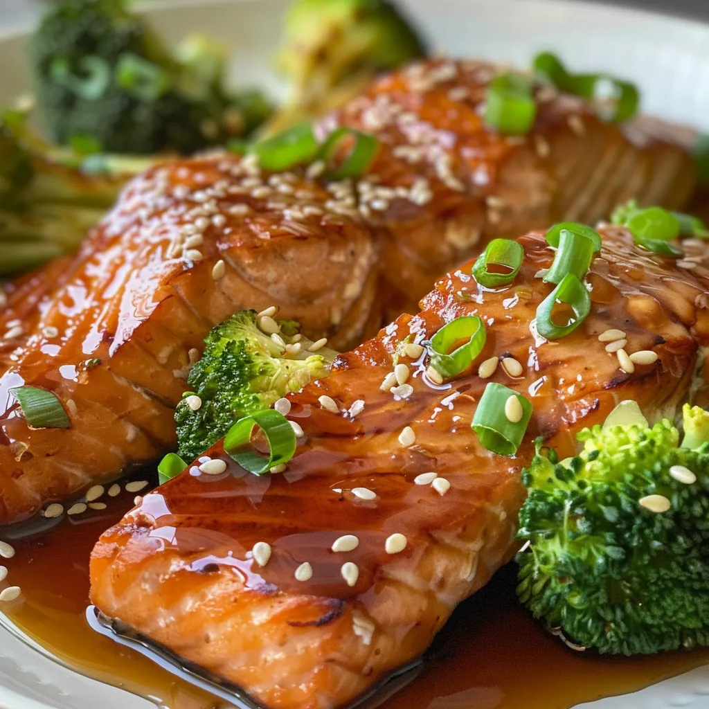 Side view of Teriyaki salmon with vibrant green broccoli on a plate.