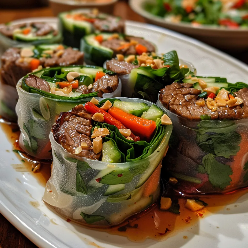 Side view of juicy Thai Basil Beef Rolls showcasing fresh fillings.