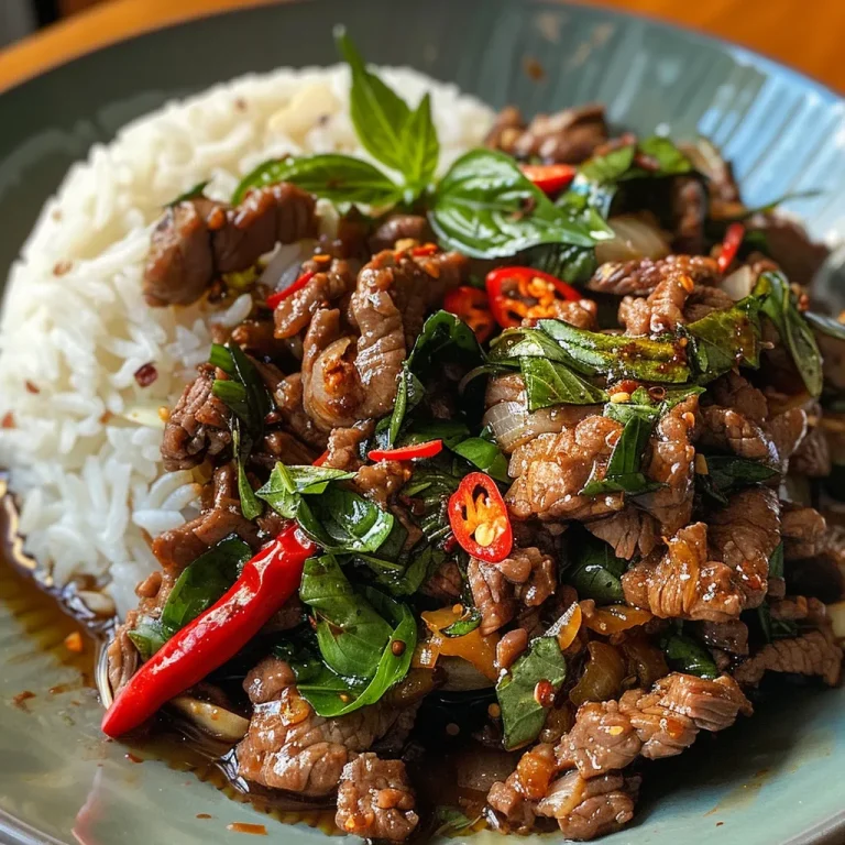 Close-up view of Thai Beef Basil dish with vibrant green basil and red chilies.