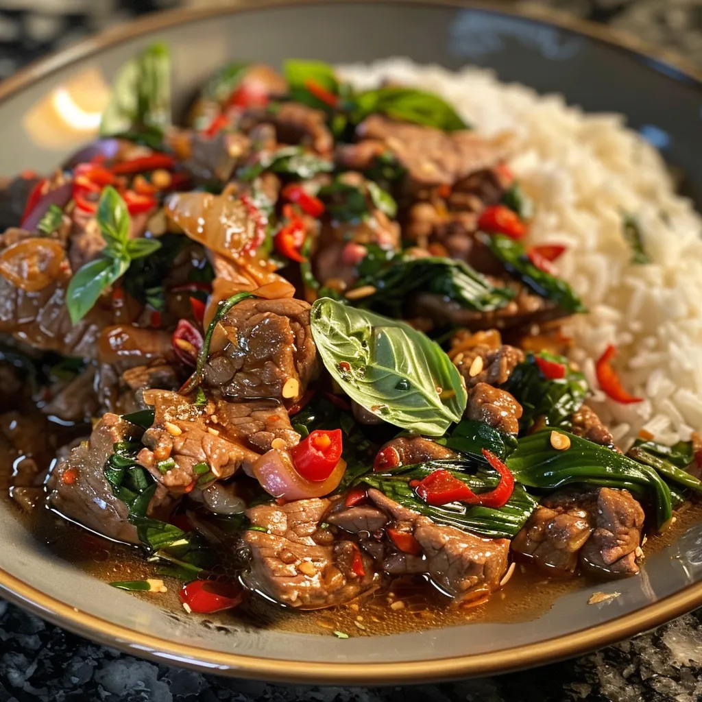 Side angle of a bowl filled with Thai Beef Basil, showcasing juicy minced beef and fresh herbs.