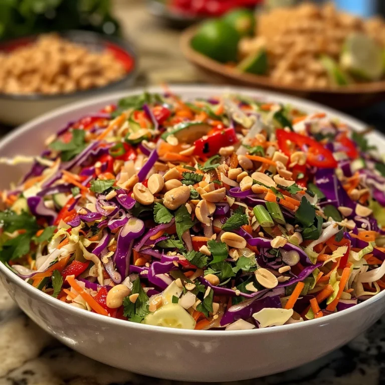 Close-up view of a colorful Thai Crunch Salad with vibrant vegetables and a creamy peanut ginger sauce drizzled on top.