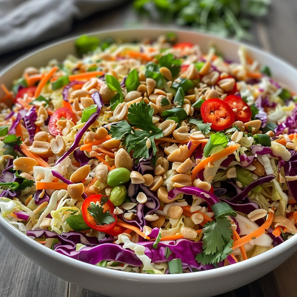 Close-up view of a fresh Thai Crunch Salad with a variety of textures and colors.