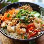 Close-up view of Thai Glass Noodle Salad with shrimp, vegetables, and peanuts.