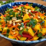 Close-up view of a vibrant Thai mango salad with green mangoes, peppers, and herbs.