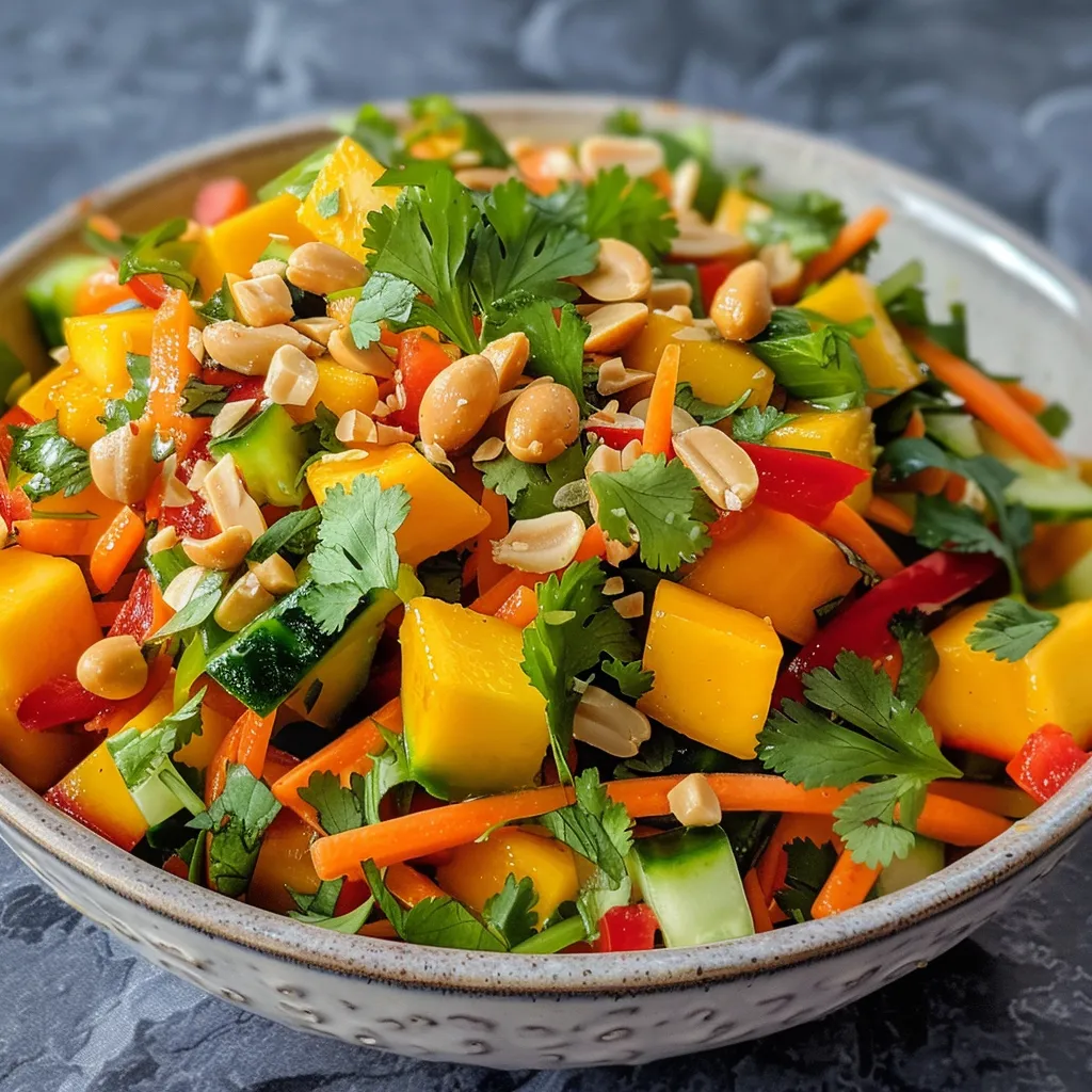 Colorful Thai mango salad featuring julienned mangoes, red bell peppers, and fresh herbs.