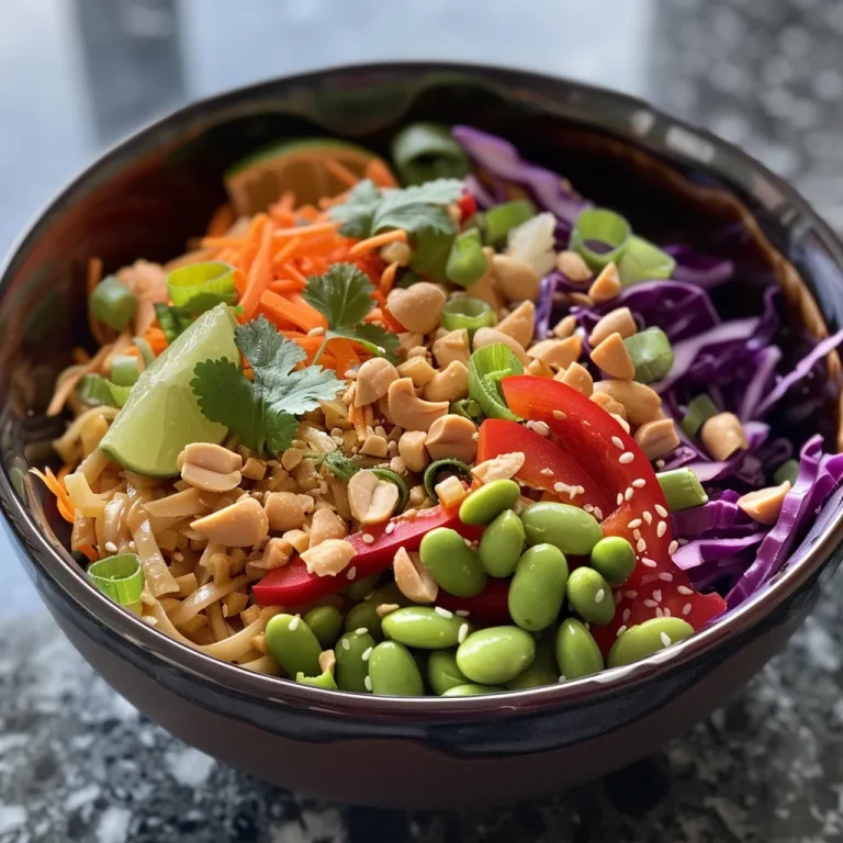 A close-up view of a vibrant Thai Noodle Salad featuring colorful vegetables and peanut dressing.