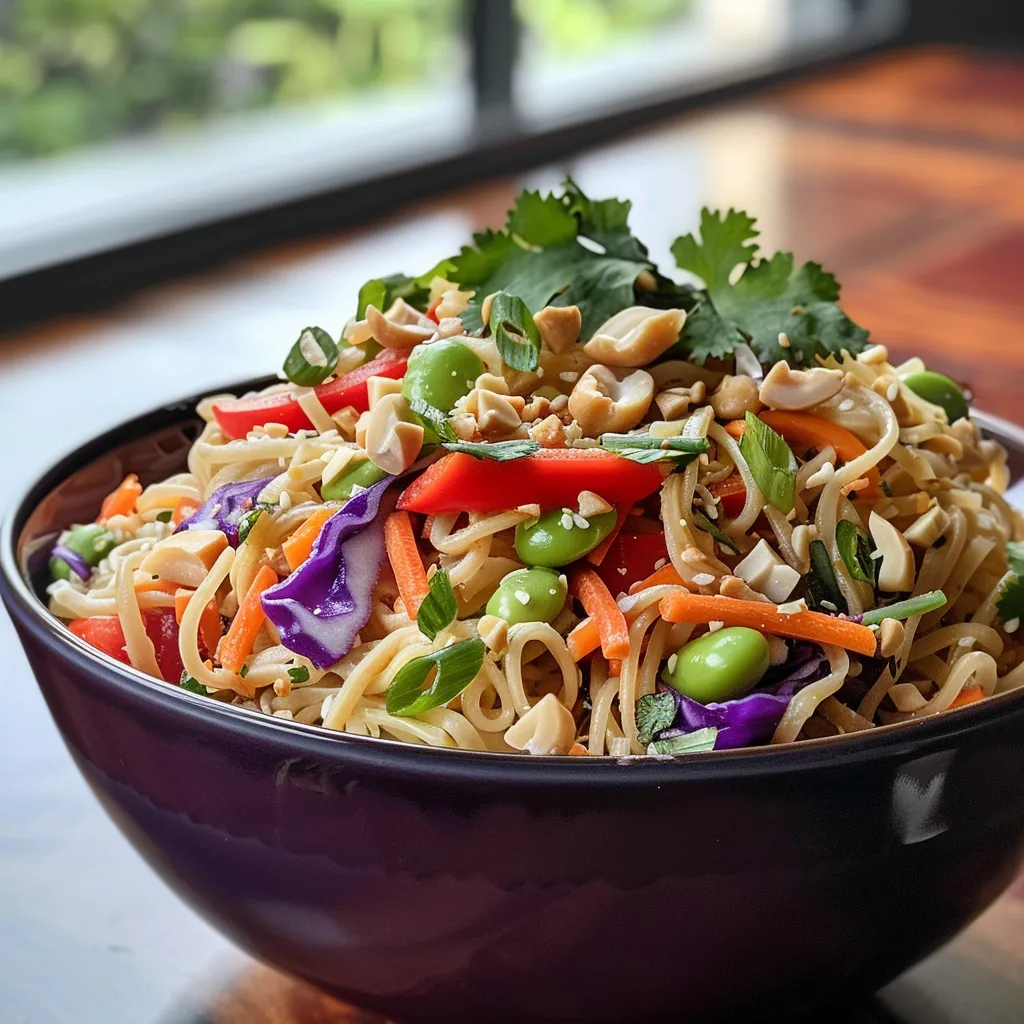 Side angle of a Thai Noodle Salad with rice noodles, edamame, and julienned vegetables.