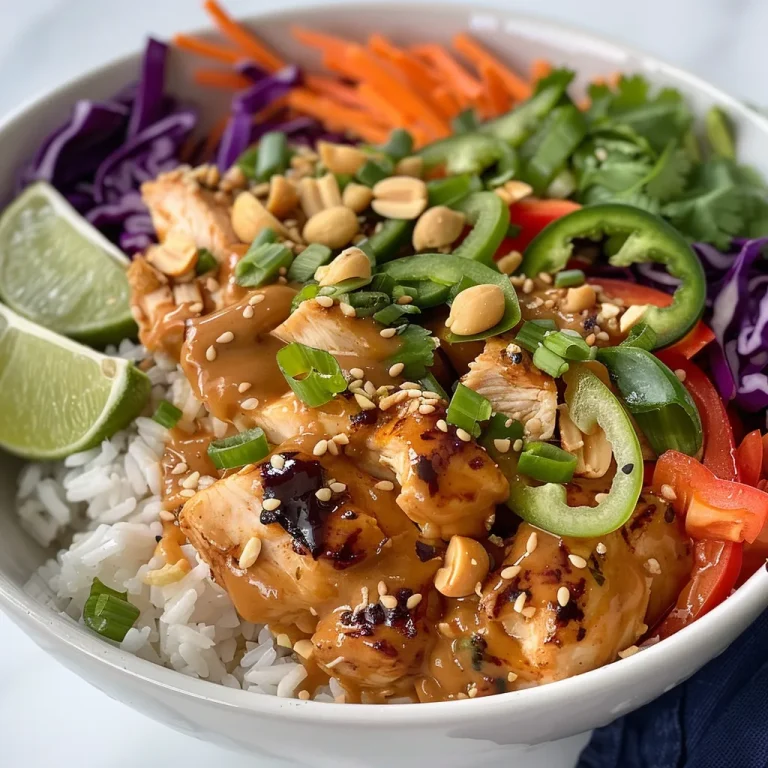 Close-up of a Thai Peanut Chicken Bowl with colorful vegetables and chicken pieces.