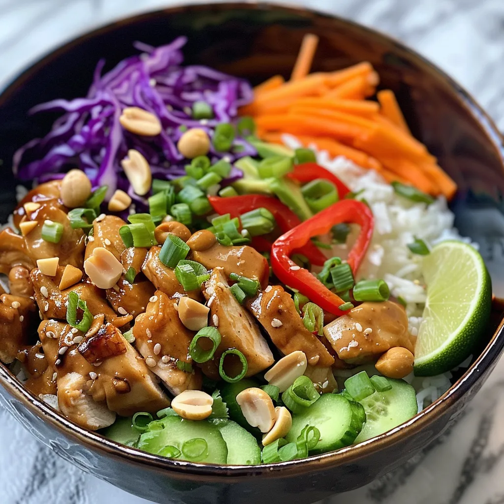 Side view of a vibrant Thai Peanut Chicken Bowl garnished with nuts and herbs.