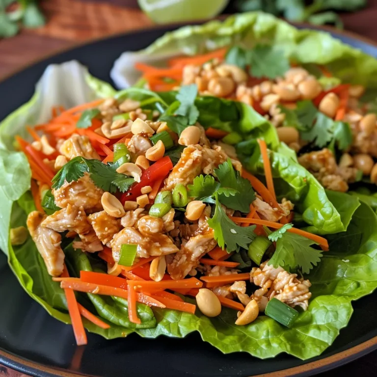 A close-up side view of juicy Thai peanut chicken lettuce wraps garnished with colorful vegetables.