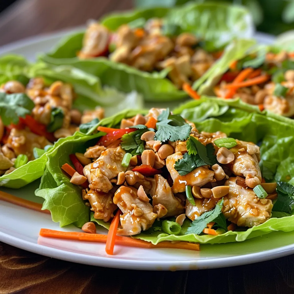 Finely diced chicken nestled in butter lettuce leaves with vibrant shredded carrots and red bell pepper.