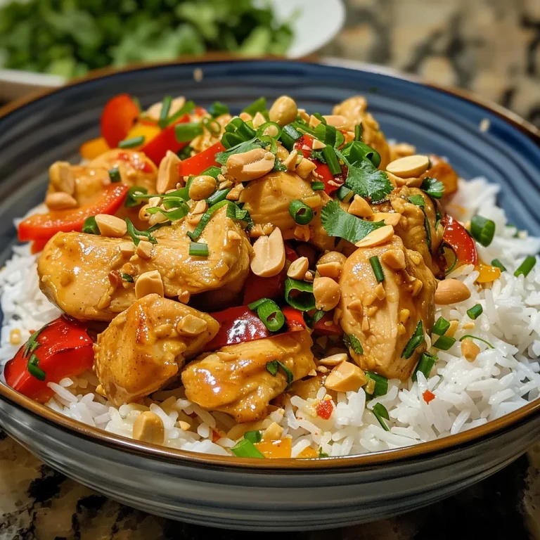 Close-up of juicy Thai Peanut Chicken with colorful bell peppers and garnishes.