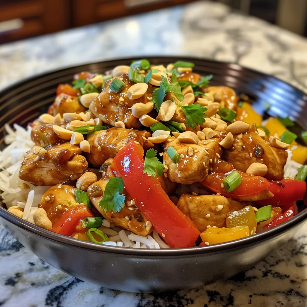 Side view of Thai Peanut Chicken featuring creamy sauce and fresh herbs.