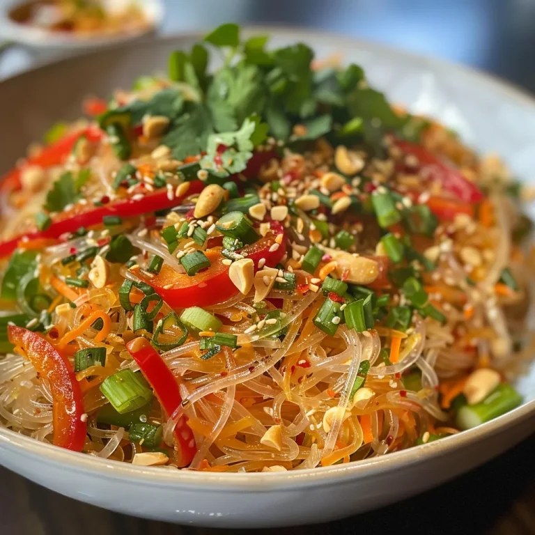 Close-up of a colorful Thai peanut glass noodle salad with vibrant vegetables.