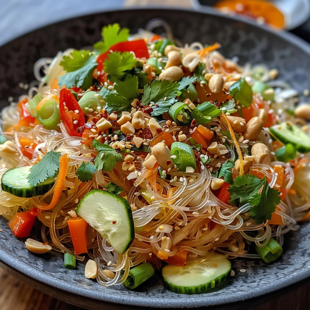 Side view of a bowl filled with Thai peanut glass noodles, garnished with peanuts and herbs.