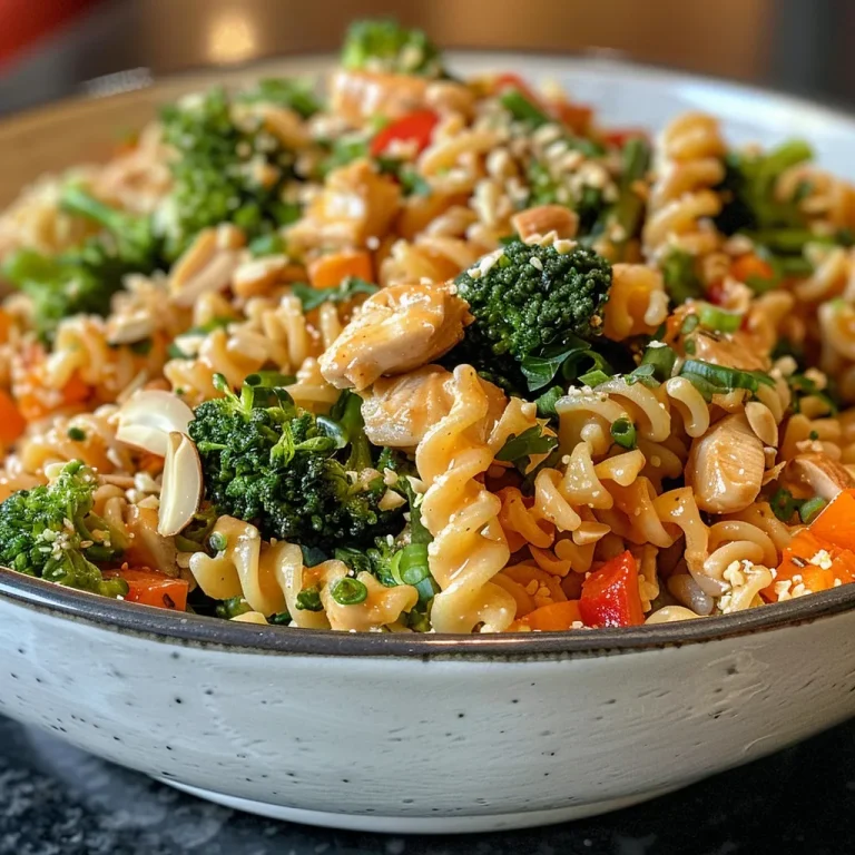 Close-up view of a colorful Thai Peanut Pasta Salad with vibrant vegetables and shredded chicken.