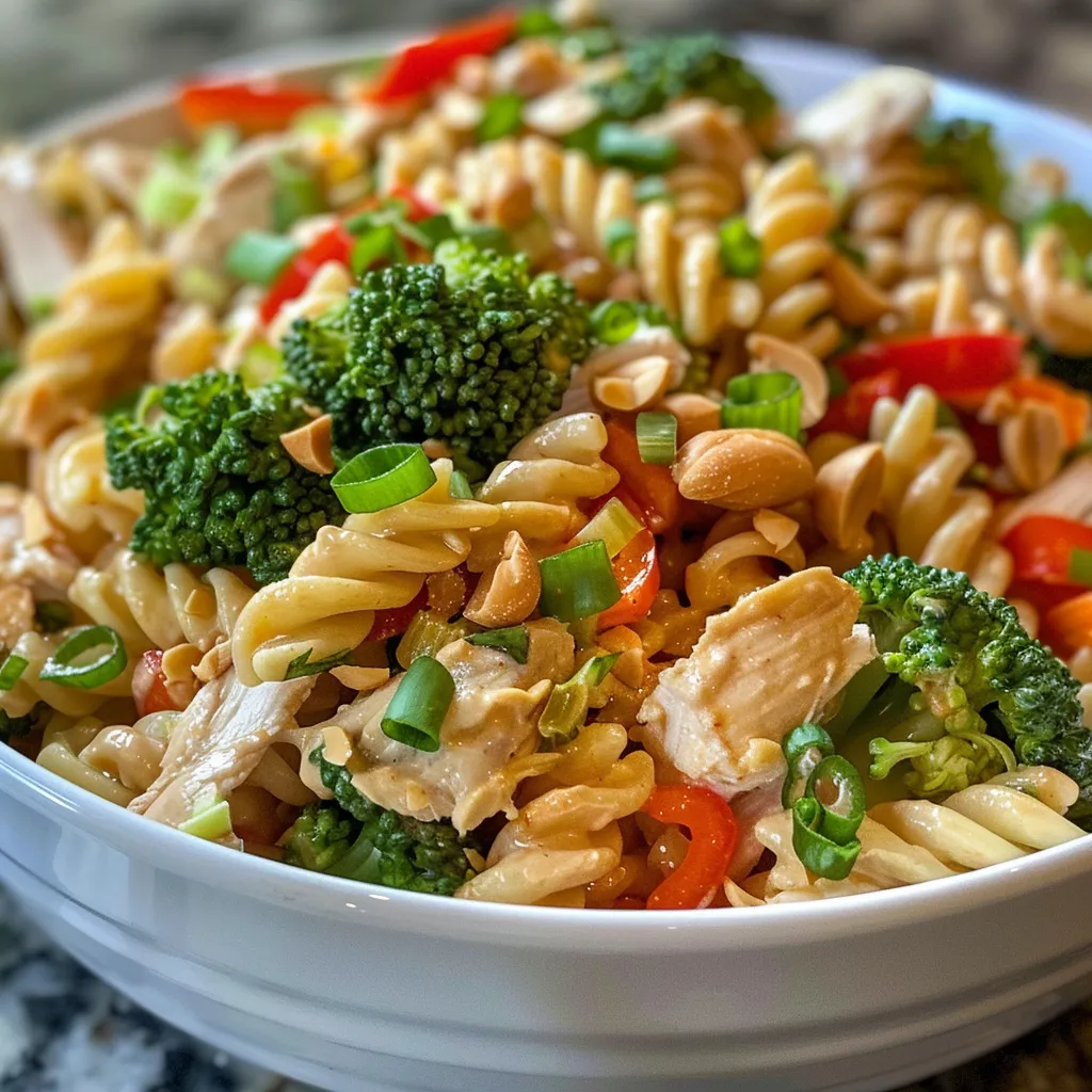 A side view of a bowl filled with Thai Peanut Pasta Salad featuring rotini pasta, broccoli, and bell peppers.