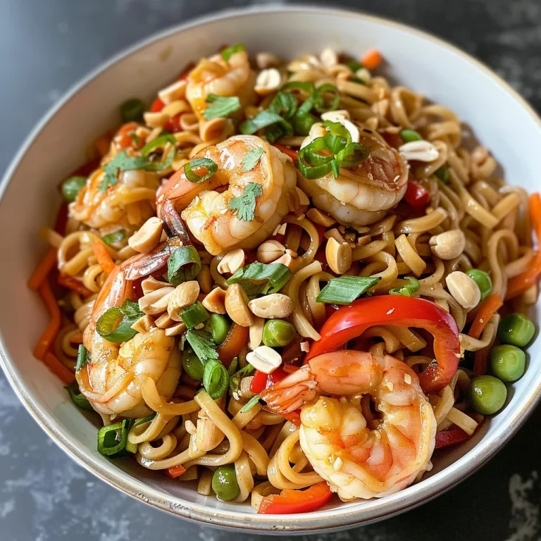 Close-up view of Thai Peanut Sauce Noodles with shrimp, garnished with green onions.