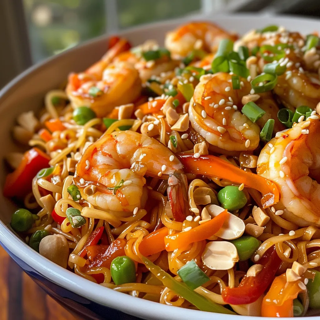 Juicy shrimp on a bed of Thai Peanut Sauce Noodles, showcasing vibrant colors of vegetables.