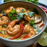 Close-up of a vibrant Thai shrimp coconut curry soup served in a bowl.