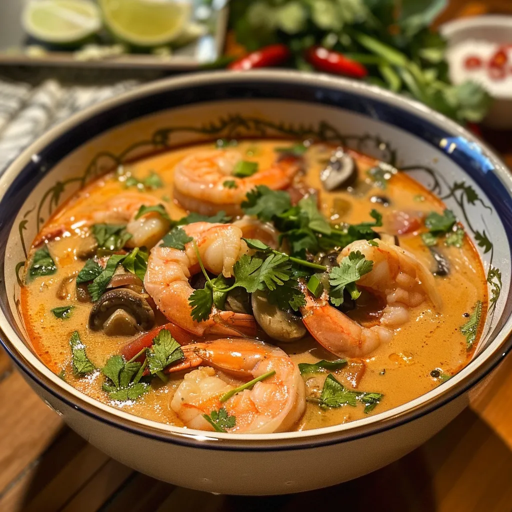 Side view of a creamy coconut curry soup with shrimp and colorful vegetables.