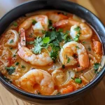 A close-up view of creamy Thai shrimp soup with colorful ingredients visible.