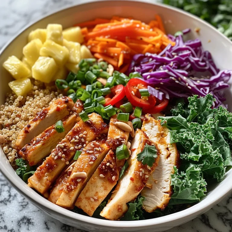 Close-up of a Thai Sweet Chili Chicken Buddha Bowl filled with colorful vegetables and quinoa.