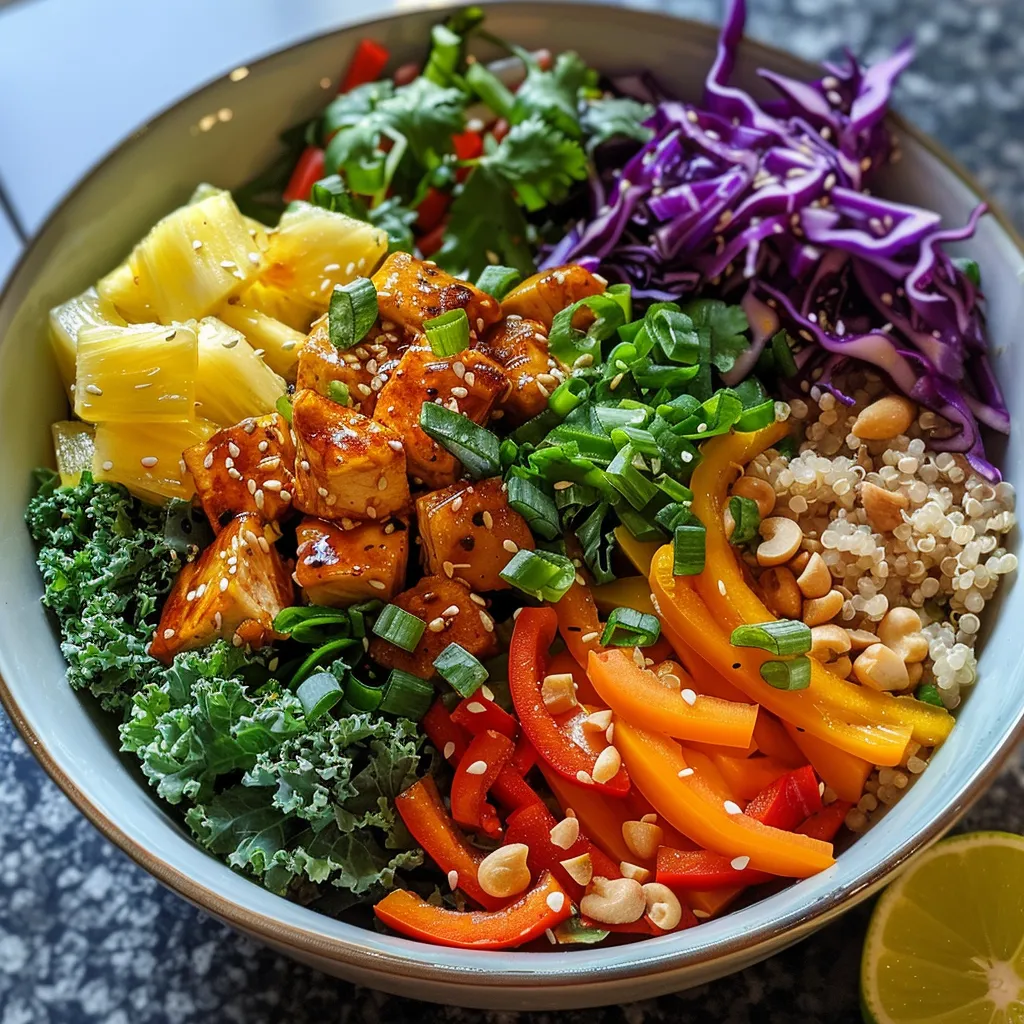 A vibrant Buddha bowl featuring shredded chicken, kale, and sweet chili dressing, viewed from the side.