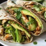 Close-up view of a toasted chicken avocado wrap filled with chicken, avocado, and lettuce.