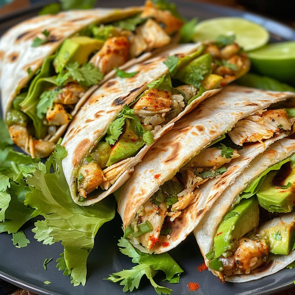 A mouthwatering image of chicken avocado wraps, featuring colorful ingredients like ripe avocado and lettuce.