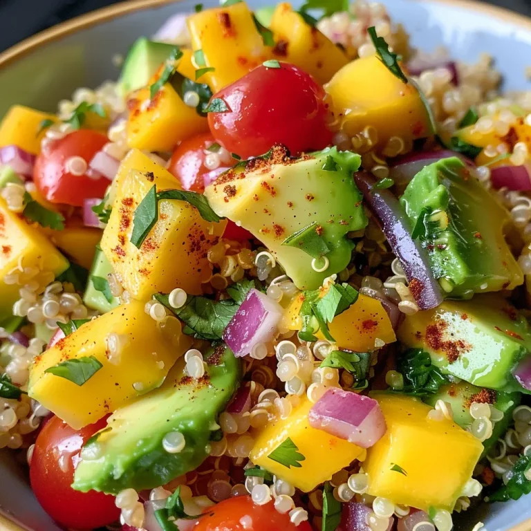 Close-up of a vibrant mango avocado quinoa salad with colorful ingredients.