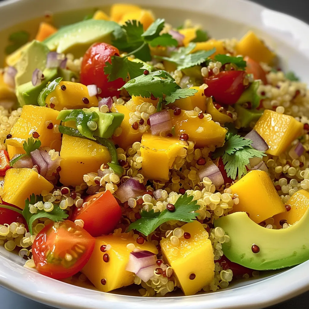 Side view of a bowl filled with quinoa, diced mango, avocado, and cherry tomatoes.