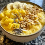 A colorful tropical smoothie bowl filled with mango, pineapple, and banana, topped with granola and coconut.