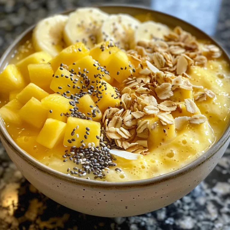 Close-up view of a colorful tropical smoothie bowl topped with fruit and granola.