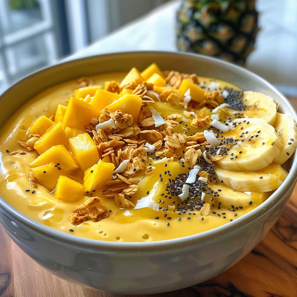 Side view of a vibrant smoothie bowl filled with mango, pineapple, and garnished with coconut.