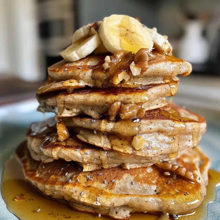 Close-up view of stacked Vegan Banana Oat Pancakes topped with fresh banana slices.