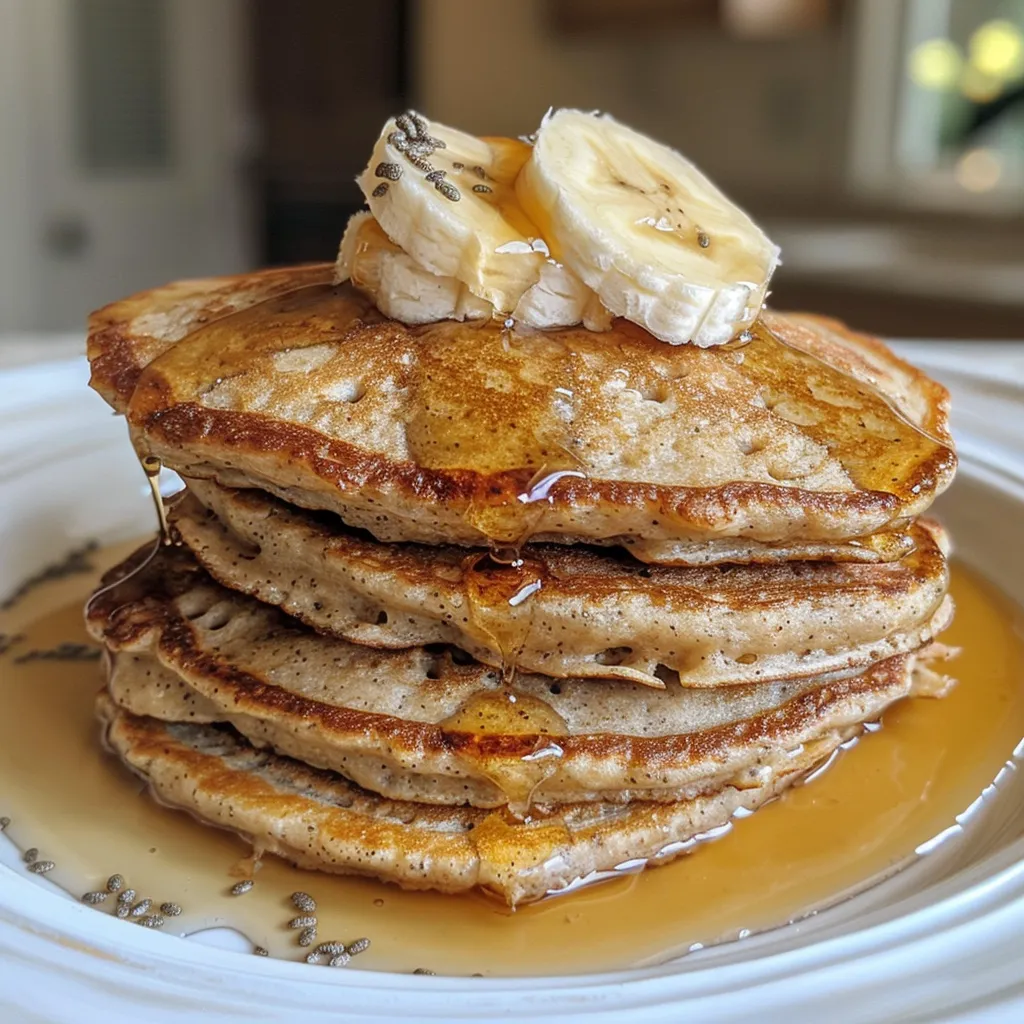 Side perspective of fluffy vegan pancakes made from banana and oats, garnished with syrup.