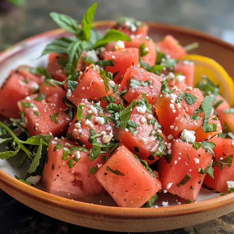 Close-up view of a colorful watermelon salad with arugula, feta cheese, and fresh herbs.