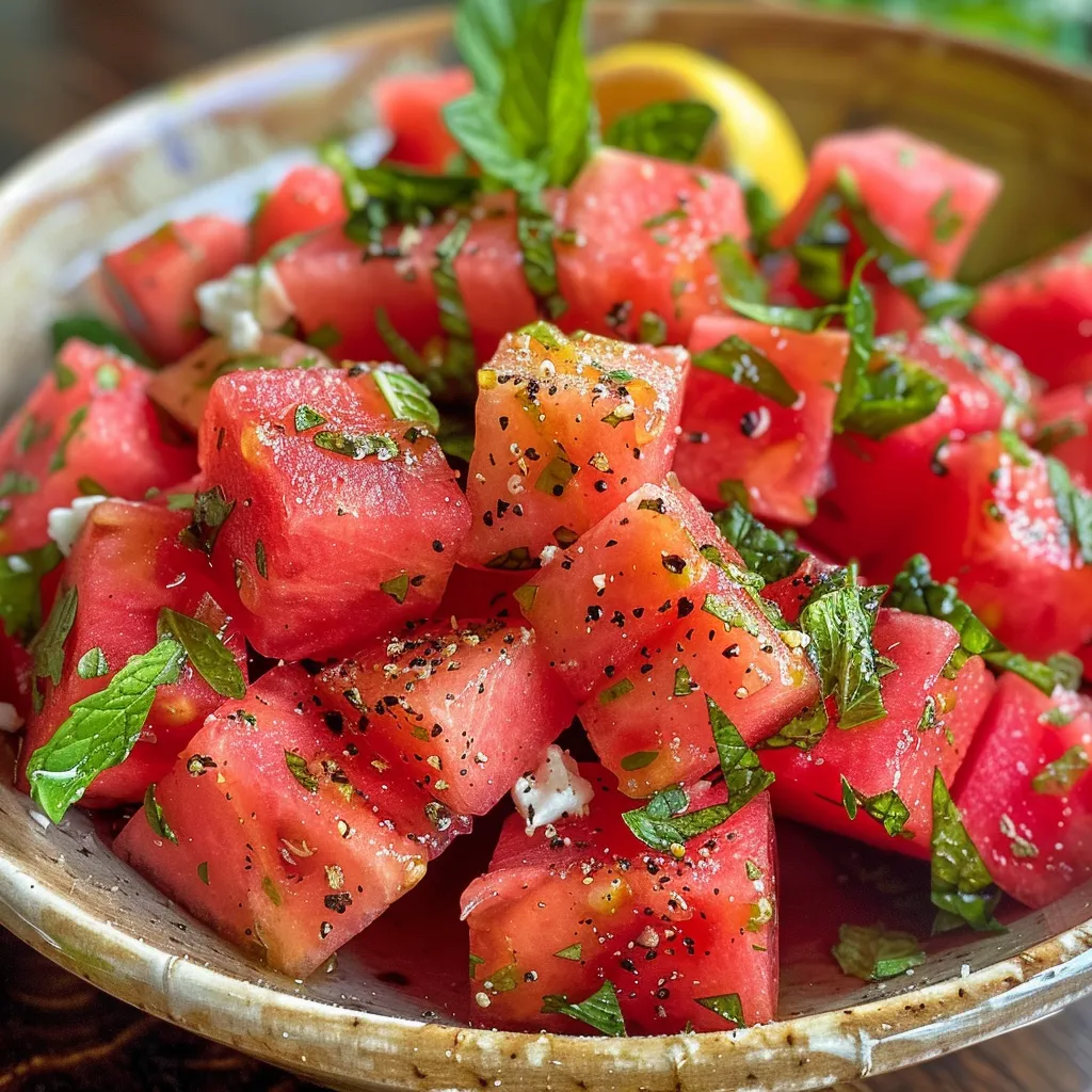 A vibrant salad featuring cubes of watermelon, arugula leaves, and crumbled feta, garnished with herbs.