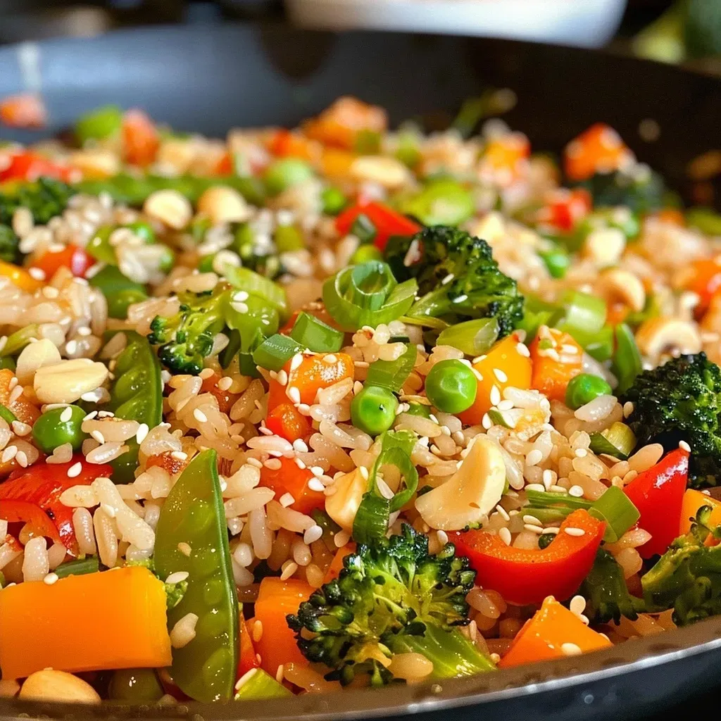 Close-up view of a vibrant stir-fried rice dish with assorted vegetables and toppings.