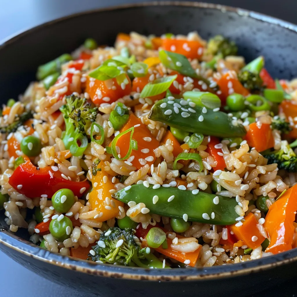 Side view of a vibrant 15-minute veggie stir-fry rice bowl with tofu, topped with sesame seeds.