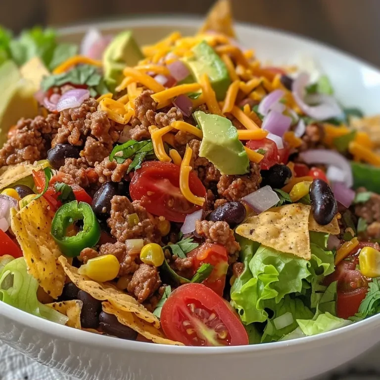 Taco Salad Fiesta: A Flavor-Packed Meal in Just 20 Minutes! Close-up view of a colorful taco salad in a bowl, featuring ground beef, lettuce, and fresh toppings.