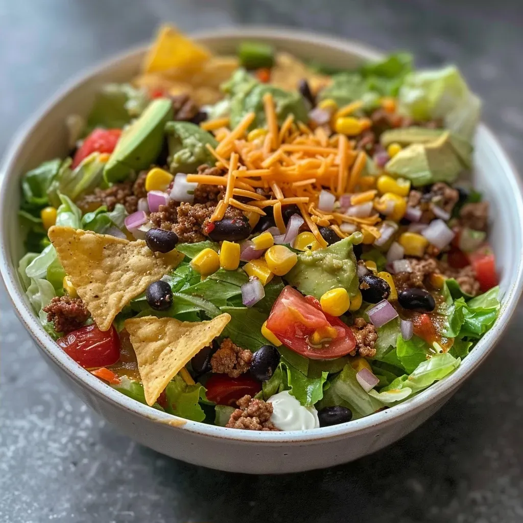 Side angle of a vibrant taco salad with layers of ingredients like avocado, tomatoes, and cheese.