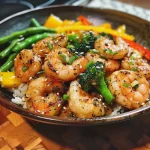 Close-up of a vibrant shrimp stir fry with colorful vegetables.