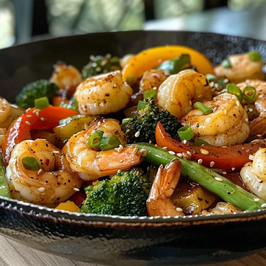 A delicious shrimp stir fry featuring shrimp, broccoli, and bell peppers.