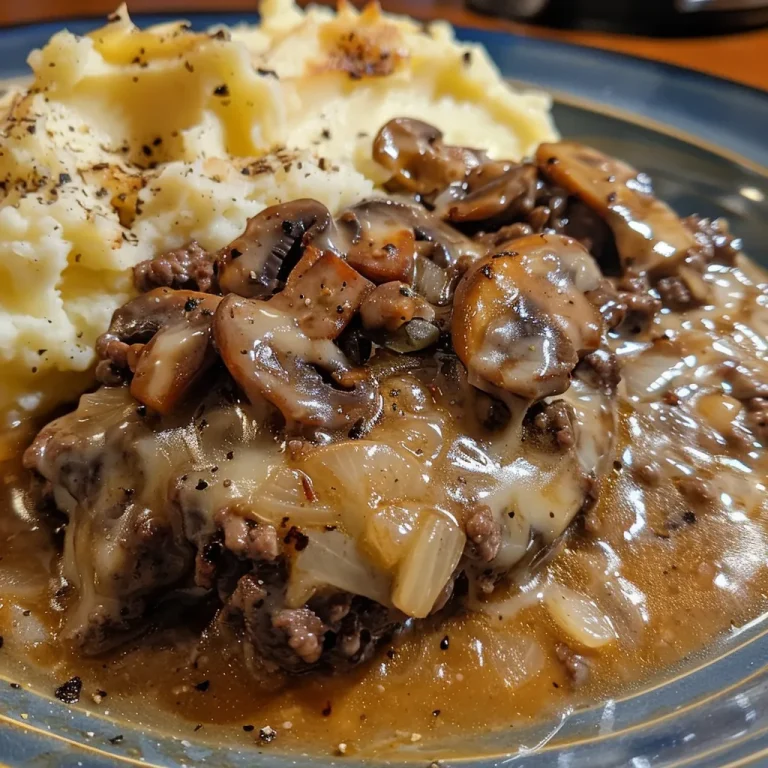 Close-up view of a juicy Amish Hamburger Steak Bake with layers of meat and creamy mashed potatoes.