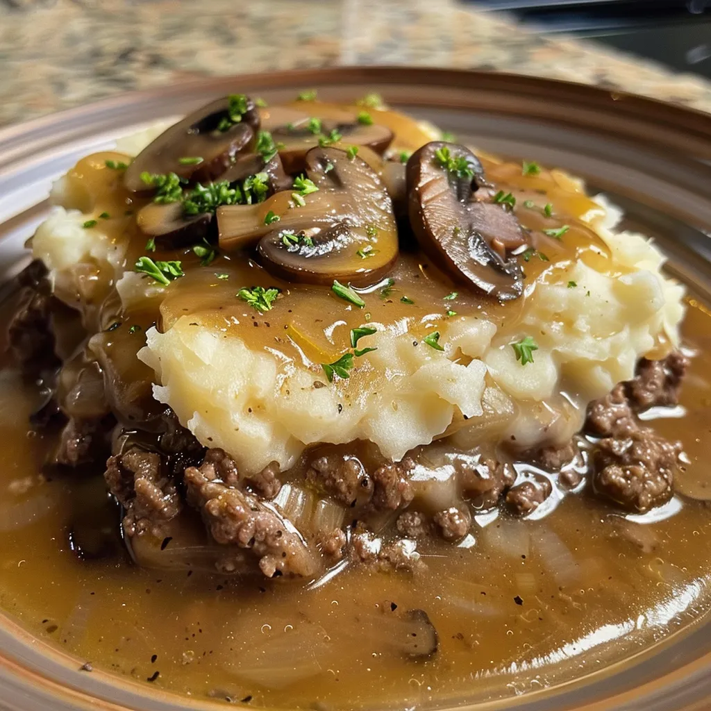 Side view of a hearty Amish Hamburger Steak Bake filled with ground beef, mushrooms, and cheese.