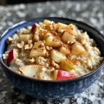 Close-up of steaming apple cinnamon oatmeal topped with apple slices and a sprinkle of cinnamon.
