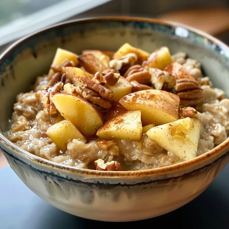 A close-up side view of a bowl filled with apple cinnamon oatmeal, topped with chopped pecans and drizzled with maple syrup.